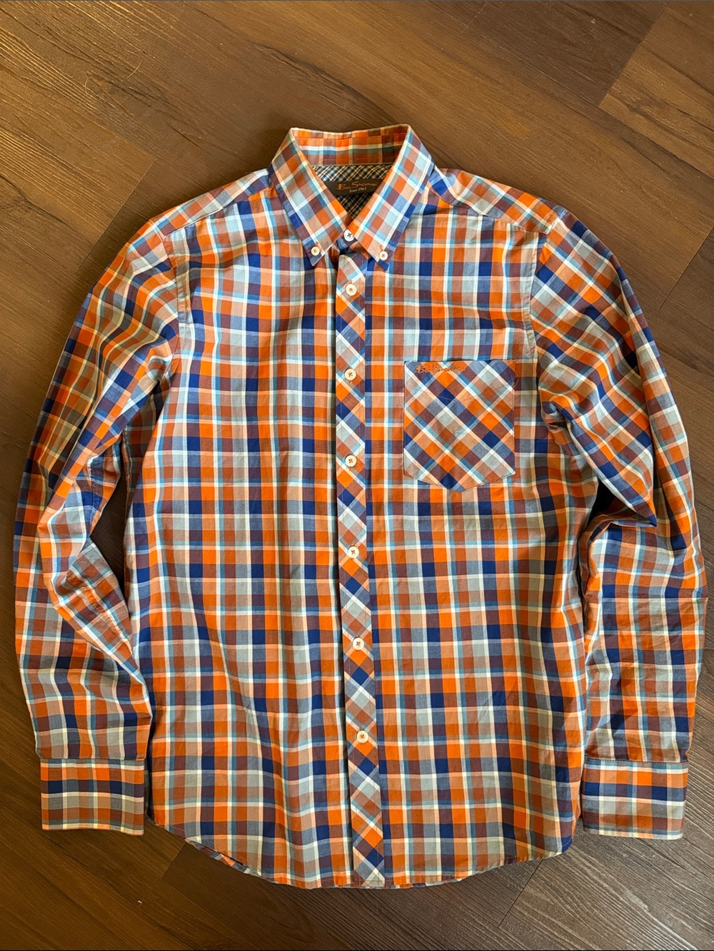 Ben Sherman Orange and Blue Plaid Button-Down Shirt